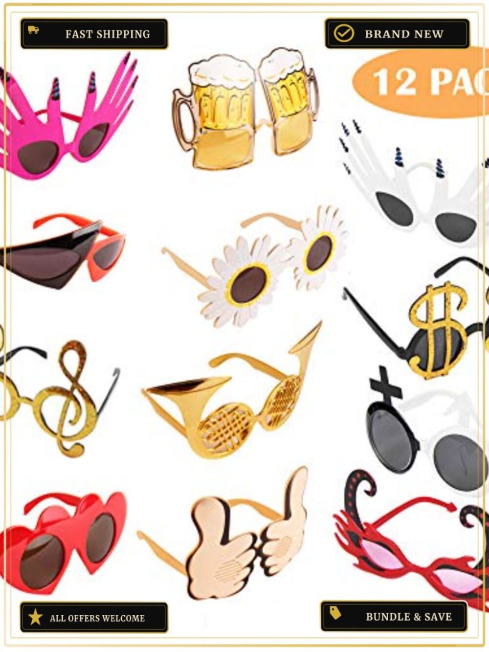 12 Pack Funny Party Glasses Novelty Photo Booth Props Plastic